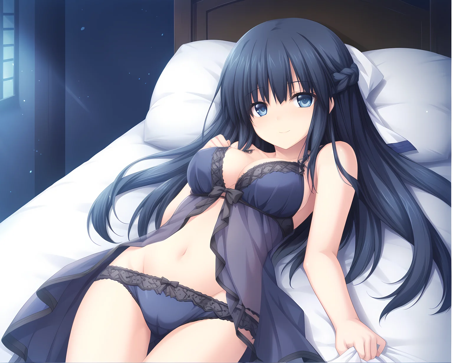 cowboy shot,underwear,panties,navel,frills,sheet grab,lying,lingerie,seductive smile,pose,sexually suggestive,moonlight,moonlit,night,eushully,liselle,long hair,black hair,blue hair,large breasts,blue eyes,half updo,braid,standing,<lora:Eushully_Liselle_Madou_Koukaku_EP10:0.85>,, score_9, score_8_up, score_7_up,source_anime,(masterpiece),(best quality),(ultra-detailed),(best illustration),(best shadow),(absurdres),(detailed background),(very aesthetic),source_anime