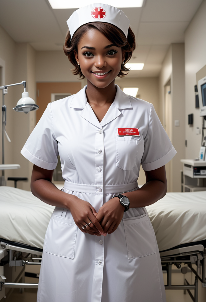 (medium full shot) of (lovely nurse) young woman, normal build, short hazel hair, black american, dark skin, hazel eyes, wearing a nurse cap, nurse dress, white stockings, nursing clogs, badge reel medical watch, set in  Intensive Care Unit (ICU) bedroom, Dimly lit, sterile white walls, medical equipment beeping softly, adjustable beds, monitors, IV stands , woman smiling, detailed face, ,Masterpiece,best quality, photo, realistic, very aesthetic