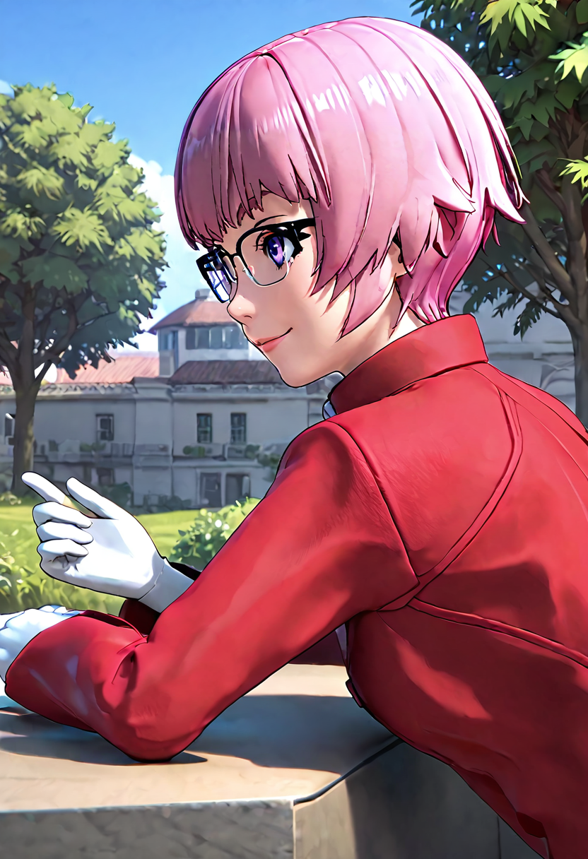 <lora:sdxl_lightning_8step_lora:1> <lora:Fixhands_anime_bdsqlsz_V1:1>score_9, score_8_up, score_7_up, source_anime, intricate details, perfect anatomy BREAK
1girl, solo, gis-esakipurin, pink hair, short hair, purple eyes, black-framed eyewear, red coat, white gloves, gis-esakipurin outfit, brown pantyhose, black boots,
from side, on stomach, Happy,  wide smile with raised cheeks and crow's feet around the eyes., outdoors, 
<lora:gis-esakipurin_XL(pony)fix:0.9>