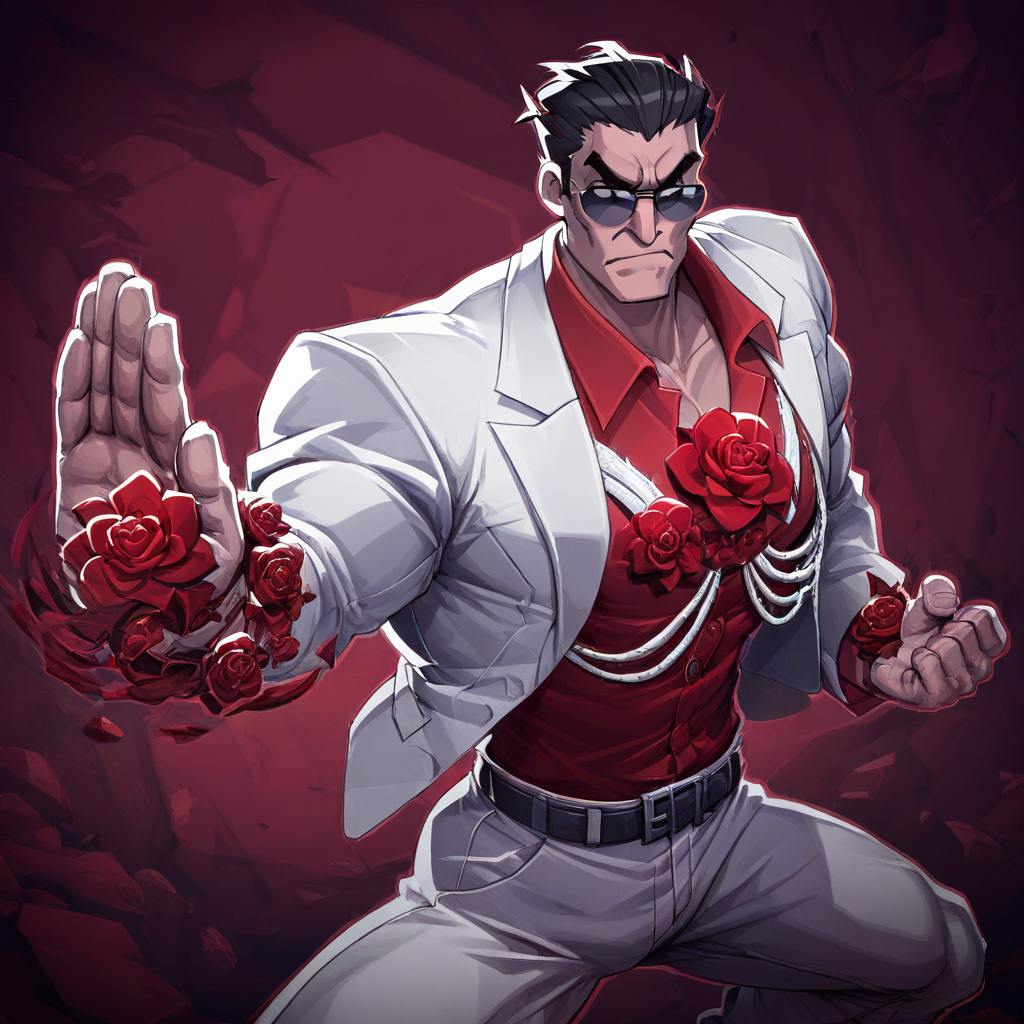 masterpiece, best quality, newest, absurdres, highres, MRVPV1.0, dynamic pose, fighting stance, 1boy, helltaker (helltaker), black hair, short hair, muscular, muscular male, sunglasses, glasses,  white jacket, white pants, black belt, red shirt, formal clothes, flower in clothes, open jacket