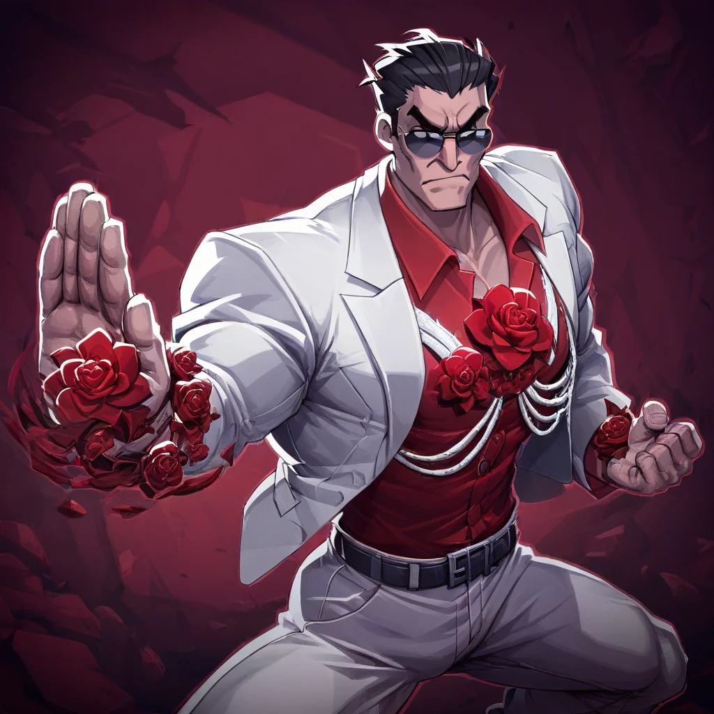 masterpiece, best quality, newest, absurdres, highres, MRVPV1.0, dynamic pose, fighting stance, 1boy, helltaker (helltaker), black hair, short hair, muscular, muscular male, sunglasses, glasses, white jacket, white pants, black belt, red shirt, formal clothes, flower in clothes, open jacket