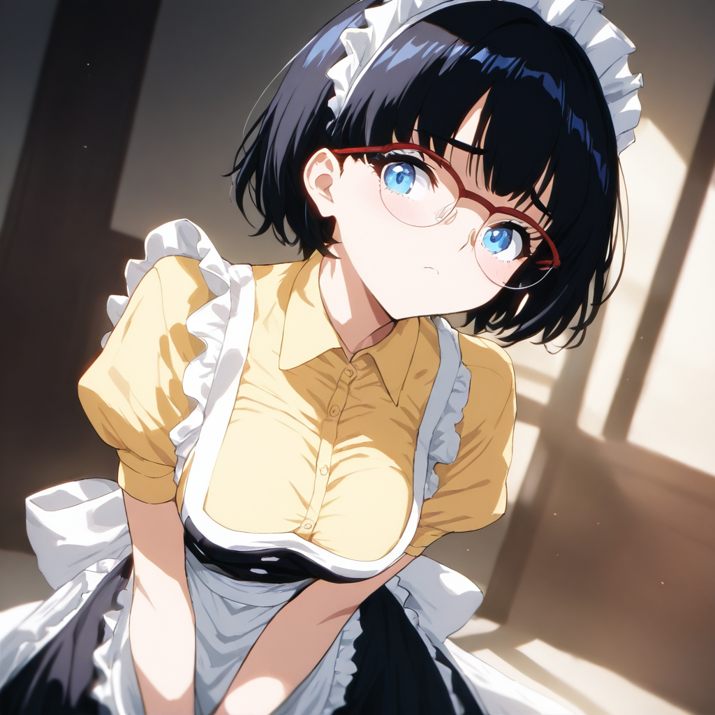 cowboy_shot,masterpiece,high score,great score,absurdres,<lora:Arisu_Kurata ag4o v1:1> arisu, black hair, short hair, glasses, blue eyes,maid,yellow shirt,