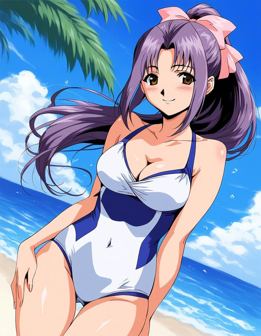 score_9, score_8_up, score_7_up, source_anime, rating_explicit, BREAK  <lora:Koigakubo_Momoko_Ver2_XL:1> koigakuboMomoko, purple hair, long hair, hair bow, brown eyes, ponytail, pink bow, smile, solo, looking at viewer,
blush,   swimsuit, summer, beach, sea, cowboy shot,  breasts, cleavage,
sky, outdoor,