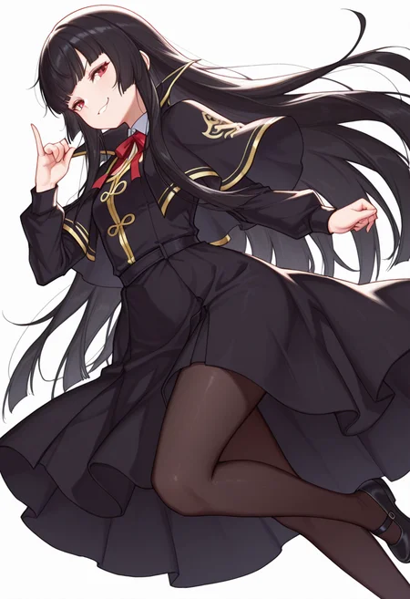 Smooth Quality,masterpiece,very intricate, high quality details, ultra realistic, high detailed skin,detailed enviorement,absurdres,
pinky out,
<lora:Atre_CNR:0.8> atre_cnr, 1girl, black hair, very long hair,blunt bangs, red eyes,black dress,black capelet, pantyhose, long sleeves, ribbon, shoes,, simple background, white background, dutch angle,solo,, troll face,