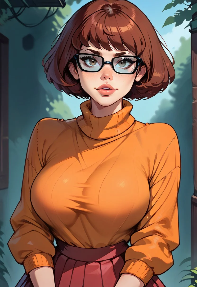 score_9, score_8_up, score_7_up, score_6_up, 1girl, solo, looking at viewer, flirty, Velma,