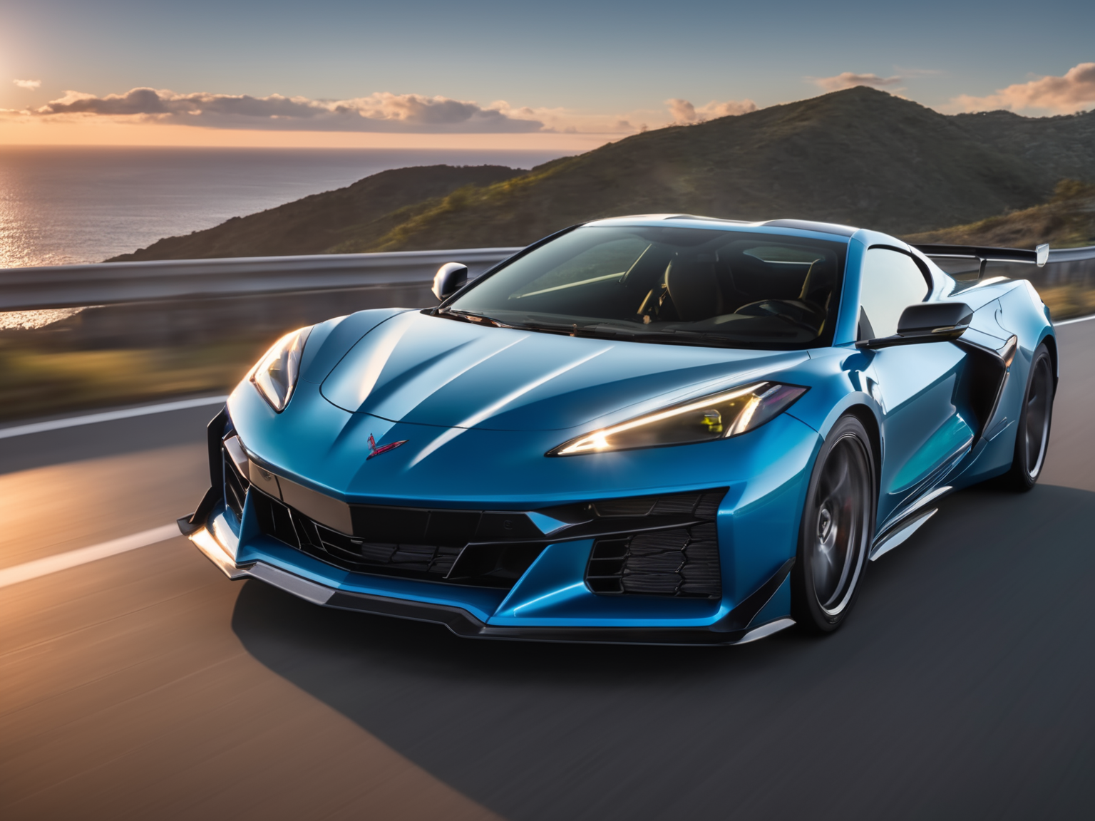 a professional closeup photo of cvttz06 car, down the road on a highway, ocean sunset background, 8k, uhd, sublime, breathtaking , specular highlights <lora:cvttz06_car_t12_SDXL-000010:0.7>