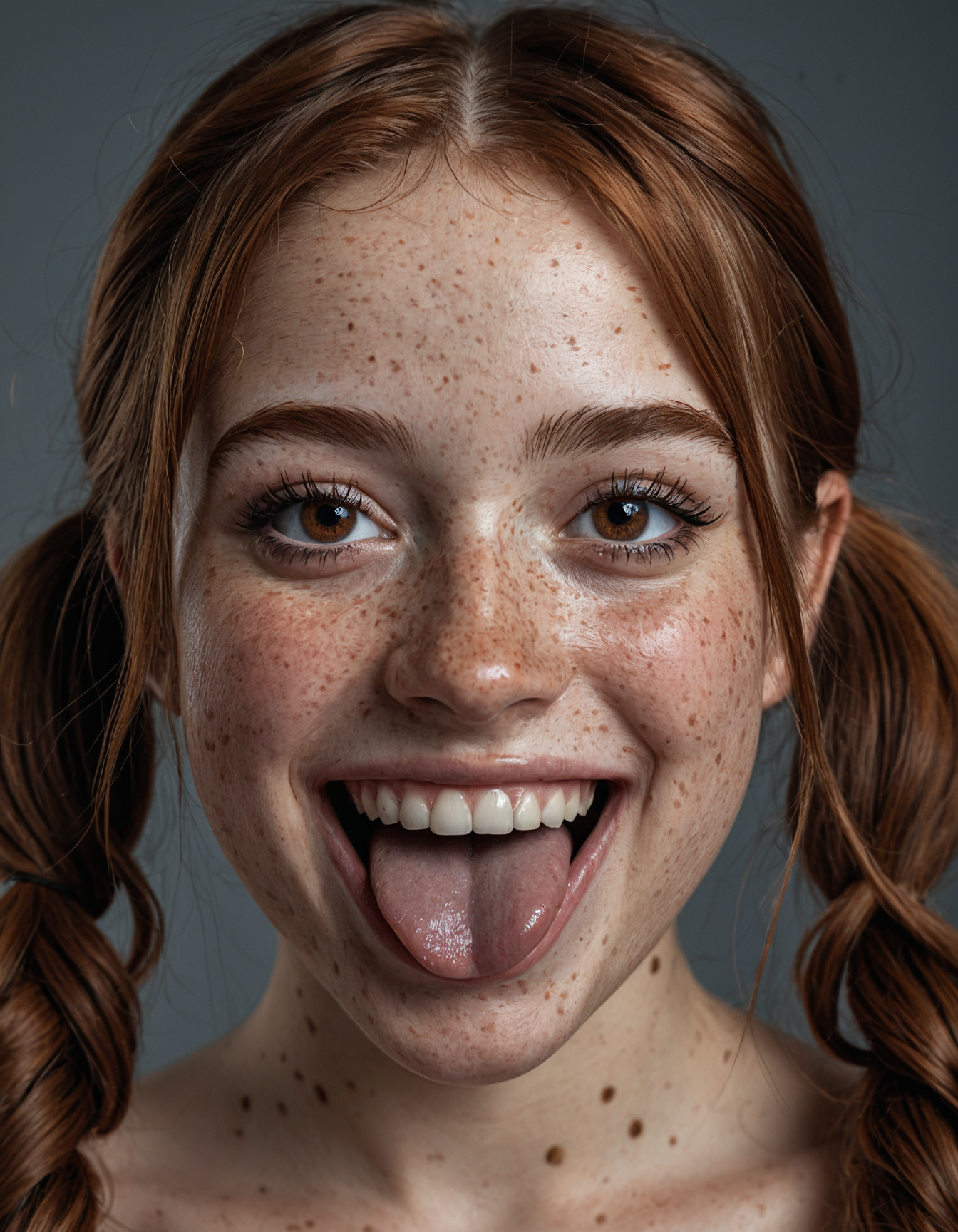 beautiful lady, (freckles), big smile, sticking_tongue_out, brown hazel eyes, Pigtails, dark makeup, hyperdetailed photography, soft light, head and shoulders portrait, cover