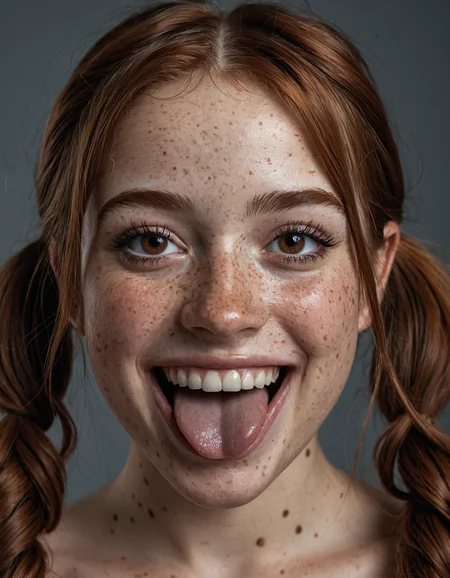 beautiful lady, (freckles), big smile, sticking_tongue_out, brown hazel eyes, Pigtails, dark makeup, hyperdetailed photography, soft light, head and shoulders portrait, cover