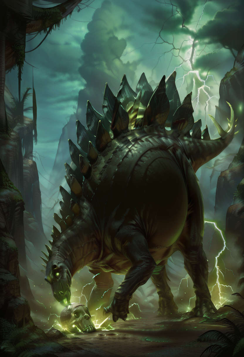 masterpiece, best quality, solo, no humans,     zzStego, close up, side view, outdoors,   ,<lora:StegosaurusDinosaur_IXL:1.0>,   N3cronL0rd, glowing, (skull, electricity, skeleton), lightning, ,  ,<lora:NecronLord_IXL:1.0>,