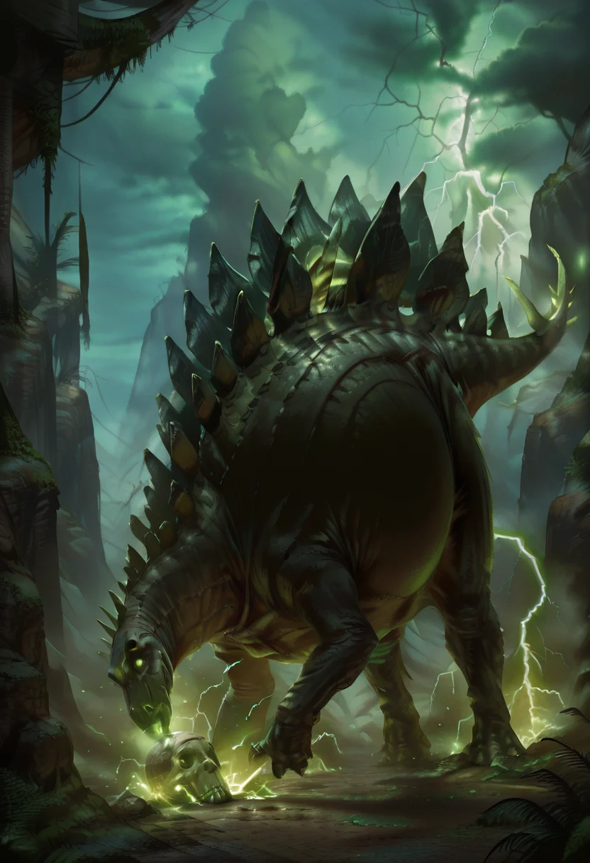 masterpiece, best quality, solo, no humans, zzStego, close up, side view, outdoors, ,<lora:StegosaurusDinosaur_IXL:1.0>, N3cronL0rd, glowing, (skull, electricity, skeleton), lightning, , ,<lora:NecronLord_IXL:1.0>,