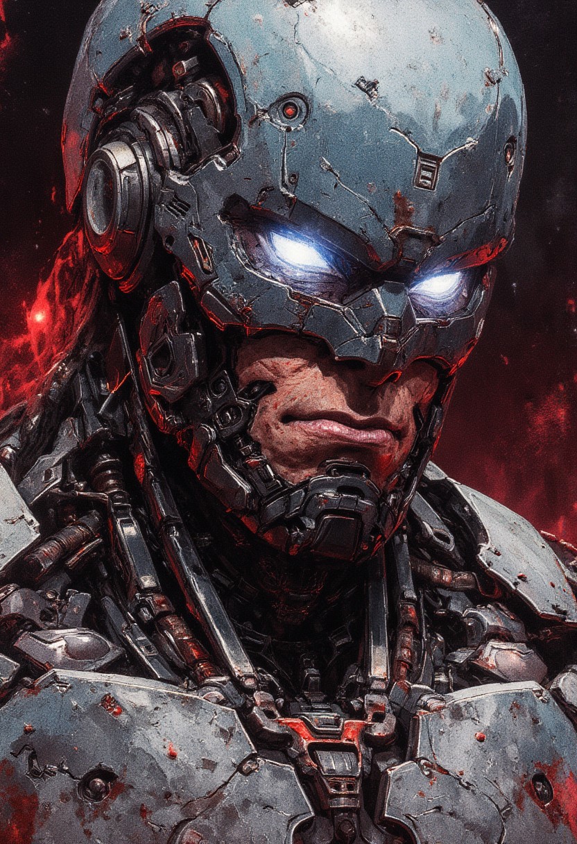 ((A close-up portrait)) Robocop, a dilapidated cyborg with mechanical armor, stained with blood and dust. Detailed metal textures, . Futuristic dystopian atmosphere, aggressive lighting with cold glare. Darksyber aesthetic, photorealistic style