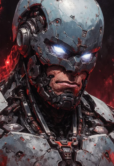 ((A close-up portrait)) Robocop, a dilapidated cyborg with mechanical armor, stained with blood and dust. Detailed metal textures, . Futuristic dystopian atmosphere, aggressive lighting with cold glare. Darksyber aesthetic, photorealistic style
