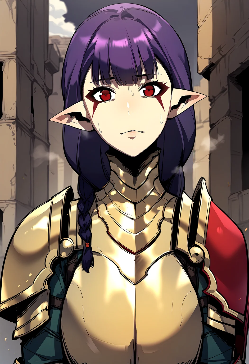 score_9, score_8_up, score_7_up, score_6_up, source_anime, rating_explicit, <lora:neg4all_bdsqlsz_V3.5:2.0>1girl, (solo:1.1), huge breasts, <lora:Esil Ladirponyxl:1> twin braids, pointy ears, purple hair, long hair, red eyes, facial mark, bangs, breastplate, gold armor, shoulder armor, armored dress, gauntlets, Narrow shoulders, heavy breathing, steaming body, ruins, outdoors, looking at viewer