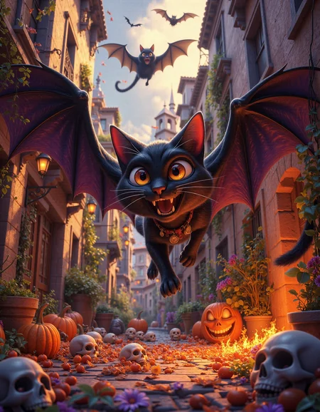 Halloween themed, earie painting of a black cat mixed with a black bat flying around a back alley, <lora:sxz-Dark-Fantasy-v2-Flux:0.8> drkfnts style, few skulls are scattered in the air covered in fire, skulls are laughing, <lora:Cute_3d_Cartoon_Flux:.6>