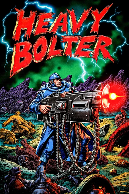 A French WW1 Poilu soldier dominates the center of the scene, standing heroically in a powerful stance, his blue uniform tattered but iconic, his crested helmet gleaming under the eerie light. His grip is firm on a massive heavy bolter, the weapon's barrel glowing red-hot, pointed slightly upward as if ready to fire again. Thick chains of ammunition hang from the bolter, emphasizing its immense weight and firepower. Above him, in bold, retro-futuristic comic-style text, the title âHEAVY BOLTERâ arcs across the top of the image. The typography is large and stylized, with a metallic, futuristic finish that catches the eye, reminiscent of classic comic book covers. The background is a chaotic, surreal battlefieldâancient, crumbling ruins stretch across the horizon, their jagged edges twisted and half-consumed by strange overgrowth. Dark clouds churn above, lit by flashes of lightning, casting the scene in an ominous, otherworldly glow. In the distance, shattered mechanical enemies and grotesque, zombie-like creatures lie in the wreckage, defeated by the soldier's brutal onslaught. Vibrant colors fill the scene: the Poiluâs uniform contrasts sharply with the fiery red and orange glow of his heavy bolter, while the sky swirls with eerie greens and purples. The dramatic lighting and sharp shadows evoke a gritty, retro-futuristic comic book vibe. The cover radiates action, power, and the unstoppable might of the Poilu and his heavy bolter.<lora:Heavy_Bolter_-_Warhammer_40000_Flux:1> <lora:french_soldier_flux_v1:1> <lora:metal_hurlant_v1:1>