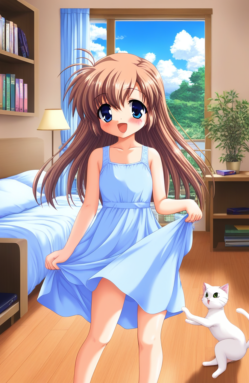 masterpiece, best quality, good quality, newest, <lora:Mizuki_Shiori_XL:1>Mizuki_Shiori, blue eyes, flat chest, brown hair, short stack, happy,
 1girl, solo, long hair, light blue dress, blush, open mouth,  clothes lift,   sundress, looking at viewer, sleeveless,
cowboy_Shot,
window, scenery, chair, tree, wooden floor, book, curtains, television, table, couch, bag, indoors, shelf, bookshelf, plant, sky, day, door, bed, cloud, lamp, box, cat, desk