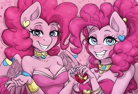 1girl, cleavage, jewelry, upper body, pink hair, earrings, choker, pink eyes, heart-shaped eyes, makeup, pink skin, glowing, anthro, Pinkie Pie, Wings, pink dress, My Little Pony, poseMega, 1girl, breasts, collar, bracelet, ponytail, long hair, smile, jewelry, teeth, nail polish, grin,  heart floating, heart-shaped pupils, aroused, heart eyes, pink background, HEART GIFT
