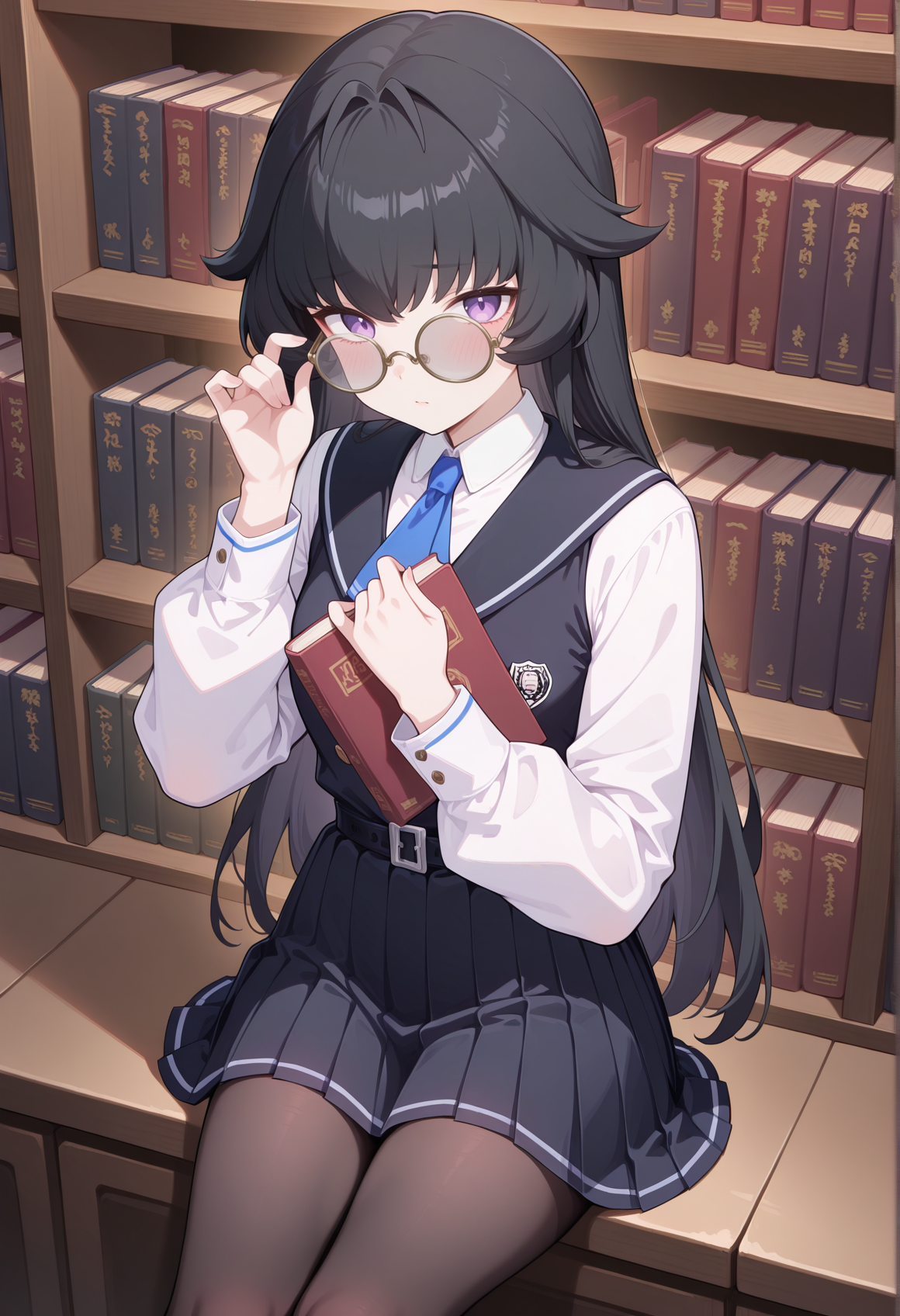 1girl,  long hair, black hair, purple eyes, glasses, round eyewear, school uniform, vest, ascot, belt, pleated skirt, pantyhose, sitting, library, holding book, fixing eyewear, holding doujinshi, looking at viewer <lora:ellens_friends:1>, masterpiece, best quality, amazing quality, very aesthetic, absurdres, highres, newest