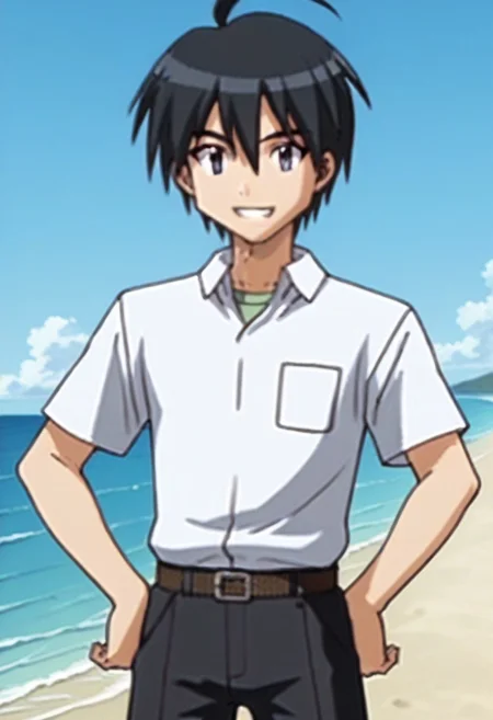 ((masterpiece)), ((best quality)), ((ultra-detailed)), ((absurdres)), score_9_up, score_8_up, score_7_up,
HD, top quality, best quality, amazing quality, High-quality illustrations, anime screencap, source_anime, best aesthetic, perfect proportions, perfect eyes, 1boy, 1male, solo boy, solo male, male focus, solo male focus, Anime, boy, male anime character, anime boy, handsome, cute, charming, Nagasumi Michishio, black hair, ahoge, black-gray eyes, white polo shirt, short sleeves, tucked in shirt, belt, black pants, ((cowboy shot, head to hips shot)), ((short body, short height)), ((facing front, front view)), ((happy, smiling with teeth)), ((hands on hips pose)), ((coastline, shore)), easynegative, updn, Expressiveh, masterpiece, best quality, very aesthetic, absurdres