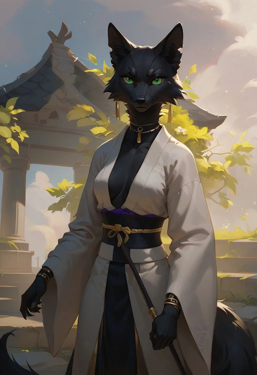 score_9, score_8_up, score_7_up, (1girl), solo Black furry fox green eyes, dressed in a white and black men's kimono. The fur on the ears and tail is yellow (gold) at the very end. He stands with a staff in a fighting stance. a calm expression on his face. an abandoned Japanese temple. A bright day . Front flare lighting