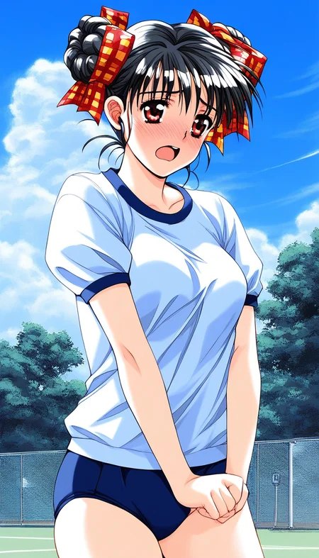 score_9, score_8_up, score_7_up, source_anime, rating_explicit, BREAK  <lora:Narusawa_Yui_XL:1> NarusawaYui, black hair, double bun, hair ribbon, plaid ribbon, medium breasts, red eyes, 
dark blue buruma, blush, white gym uniform, open mouth, cowboy Shot,
full-face blush, sad, outdoor, sky,
open mouth,
1990s (style)
