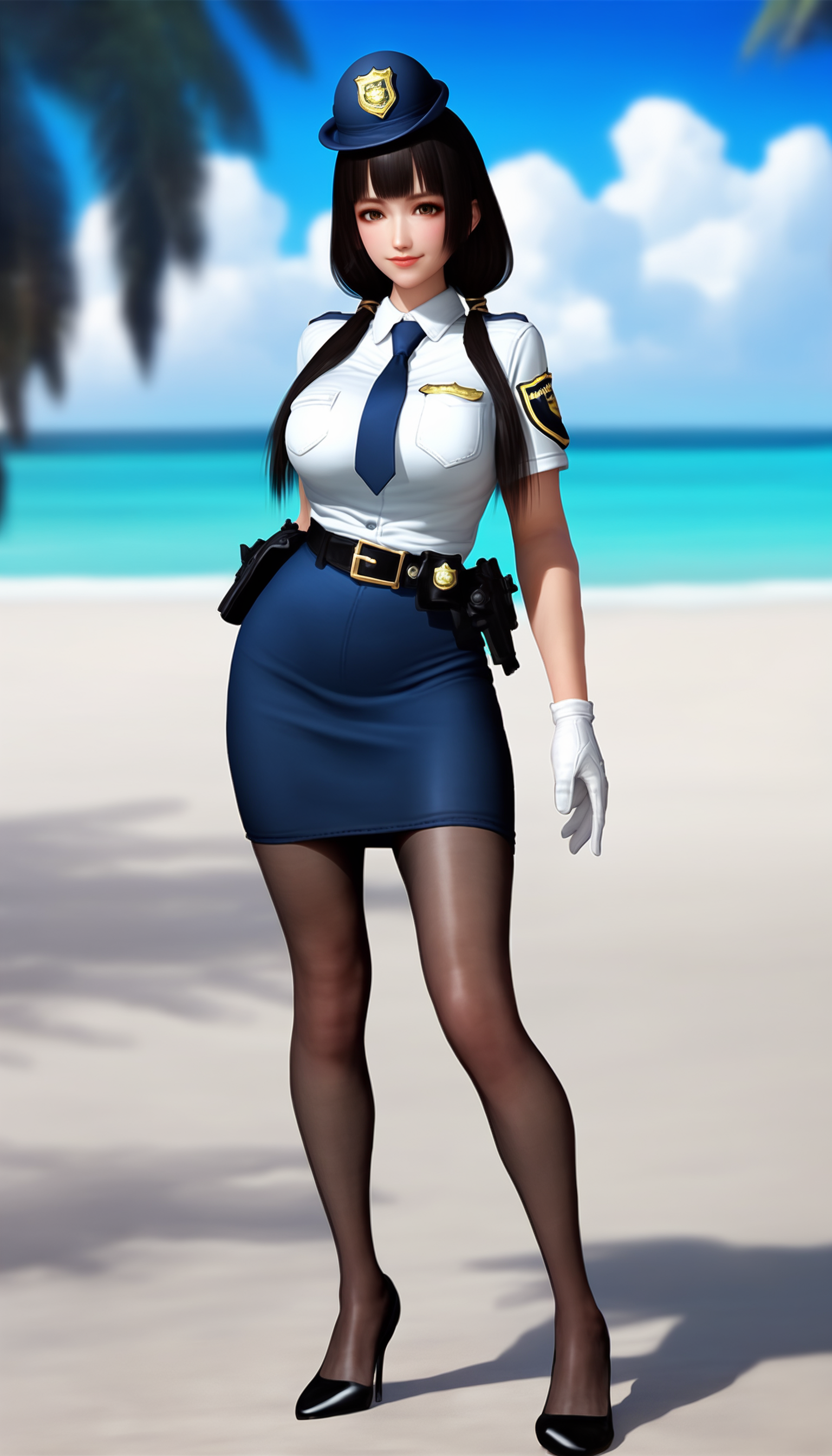 score_9,score_8_up,score_7_up,<lora:naotorali-000080:0.7>,
naotora li,1girl,solo,
police uniform,tight clothing,white shirt,short sleeves,deep blue skirt,black belt,deep blue necktie,gloves,white gloves,
black hair,blunt bangs,long hair,twintails,low twintails,police hat,golden scrunchie,
brown eyes,looking at viewer,smile,
big breasts,
black pantyhose,high heels,black high heels,
outdoors,day,beach,soft clouds drifting,summer,vignetting,blurry background,
full body,front view,