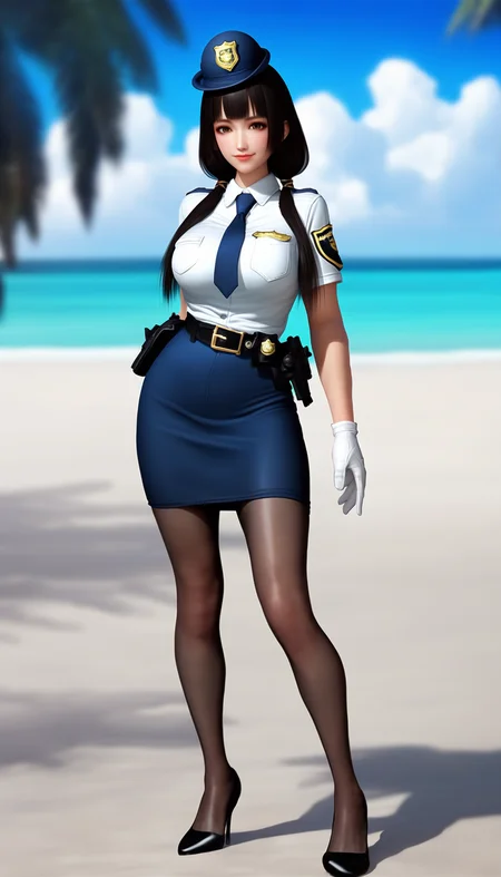 score_9,score_8_up,score_7_up,<lora:naotorali-000080:0.7>,
naotora li,1girl,solo,
police uniform,tight clothing,white shirt,short sleeves,deep blue skirt,black belt,deep blue necktie,gloves,white gloves,
black hair,blunt bangs,long hair,twintails,low twintails,police hat,golden scrunchie,
brown eyes,looking at viewer,smile,
big breasts,
black pantyhose,high heels,black high heels,
outdoors,day,beach,soft clouds drifting,summer,vignetting,blurry background,
full body,front view,