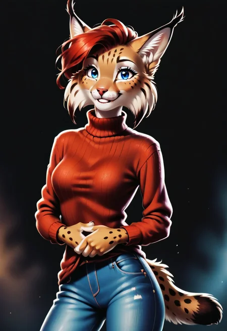 digital_media_(artwork) hi_res, score_9, score_8_up, score_7_up, score_6_up, source_furry, rating_safe, anthro, furry, female, furry female, detailed textured fur, fur tufts, SFW, 1girl, lynx, red hair, blonde brown fur, spots, beautiful blue eyes, medium breasts, covered breasts, slim, slender, turtleneck sweater, denim jeans, smile,