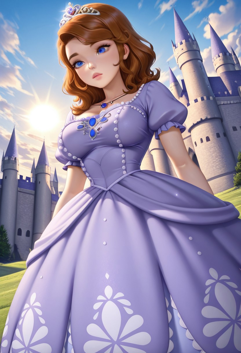 solo, sofia_tf, brown hair, blue eyes, tiara, violet dress, puffy sleeves, blue necklace, large breasts, standing, from below, close up, outdoors, natural lighting, castle, sky blue, clouds, sun