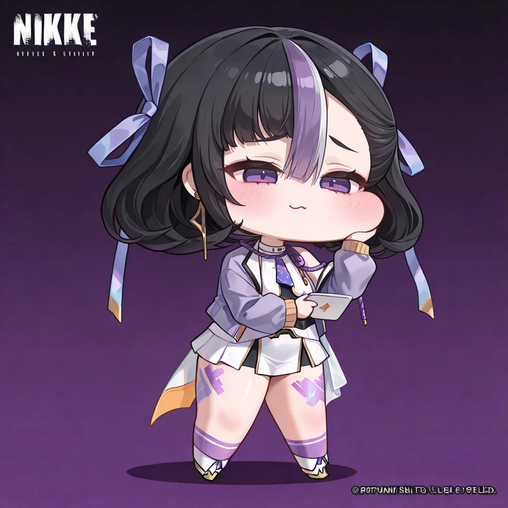 <lora:syuenIL01:1>,syuen \(nikke\),score_9,score_8_up. score_7_up,masterwork,masterpiece,chibi,purple ribbon,<lora:trickcal_style_ilxl_v1:1>,1girl,solo,simple background,standing,