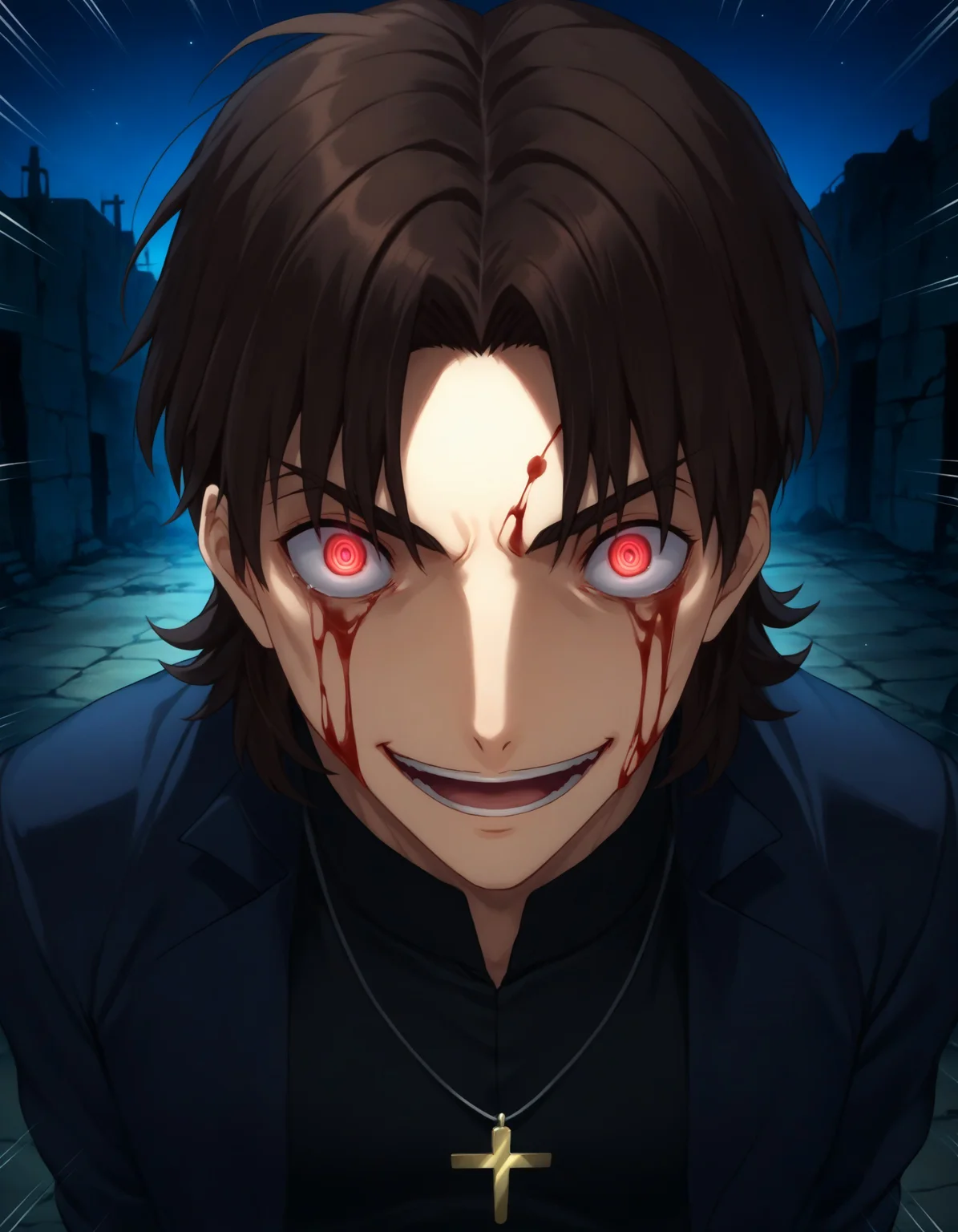 score_9, score_8_up, score_7_up, score_6_up, source_anime, ruins, (fire), night,
BREAK
kotominekirei, kotomine kirei, 1boy, mature male, brown hair, red eyes, black shirt, long coat, cross necklace, blood on face, sunken cheeks, crazy eyes, glowing eyes, @ @, from above, looking up, frown, straining, emphasis lines, crazy smile, evil smile, open mouth, insanity-angle, face close-up,,
<lora:kireikotomine:0.8> <lora:insanity-angle:1>