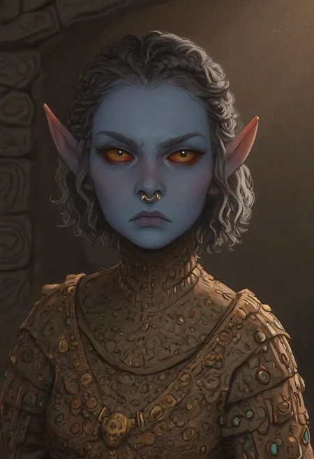 safe_pos, solo, short pointy ears, piercings, random elf face, aquiline features, female dark elf, brow rings, nose rings, beaded piercings, weathered skin, large nose, insect chitin armor, insect chitin helmet, insect chitin ornaments, stylized insect pattern, athletic build, animated realism, zoomed out, Syrian features, torso, brass pipes and gears, intricate architecture, dwarven masonry, dwemer fixtures, white-green light, gloomy lighting, ancient ruins, interior, stone tiled floor, grey-blue skin, mahogany and ivory clothes, medium armor, bone plate armor, ivory straps and fittings, alien bone ornaments, grey wood neckguard, red sclera, black pupils, blue-green light, neon, highly detailed, defined features, looking at viewer, three quarters view, from above, dynamic lighting, 19 years old, light and shadows, patterned cloth, annoyed expression, expressive eyes, detailed medieval clothes, medium_breasts, short hair, wavy hair, thick hair, beaded hair, braided hair, under cut hair, semirealistic, alien elf, spanish features, jewish features, white grey hair, dark red hair, umber skin, sharp features, pastel green inuit print cloak, nighttime, high detail, absurdres, pretty eyes, detailed eyes, yellow eyes,