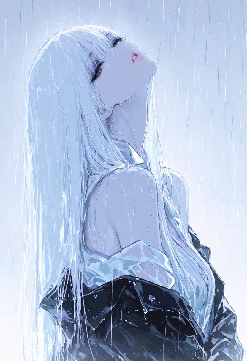 1girl,solo, adult,  hug her arms, half closed eyes, parted lips, white hair, straight hair, bare shoulders, stripped shirt, jacket, upper body,
raining, wet, eyeshadow , white theme, head slightly back,tilt head, looking at viewer