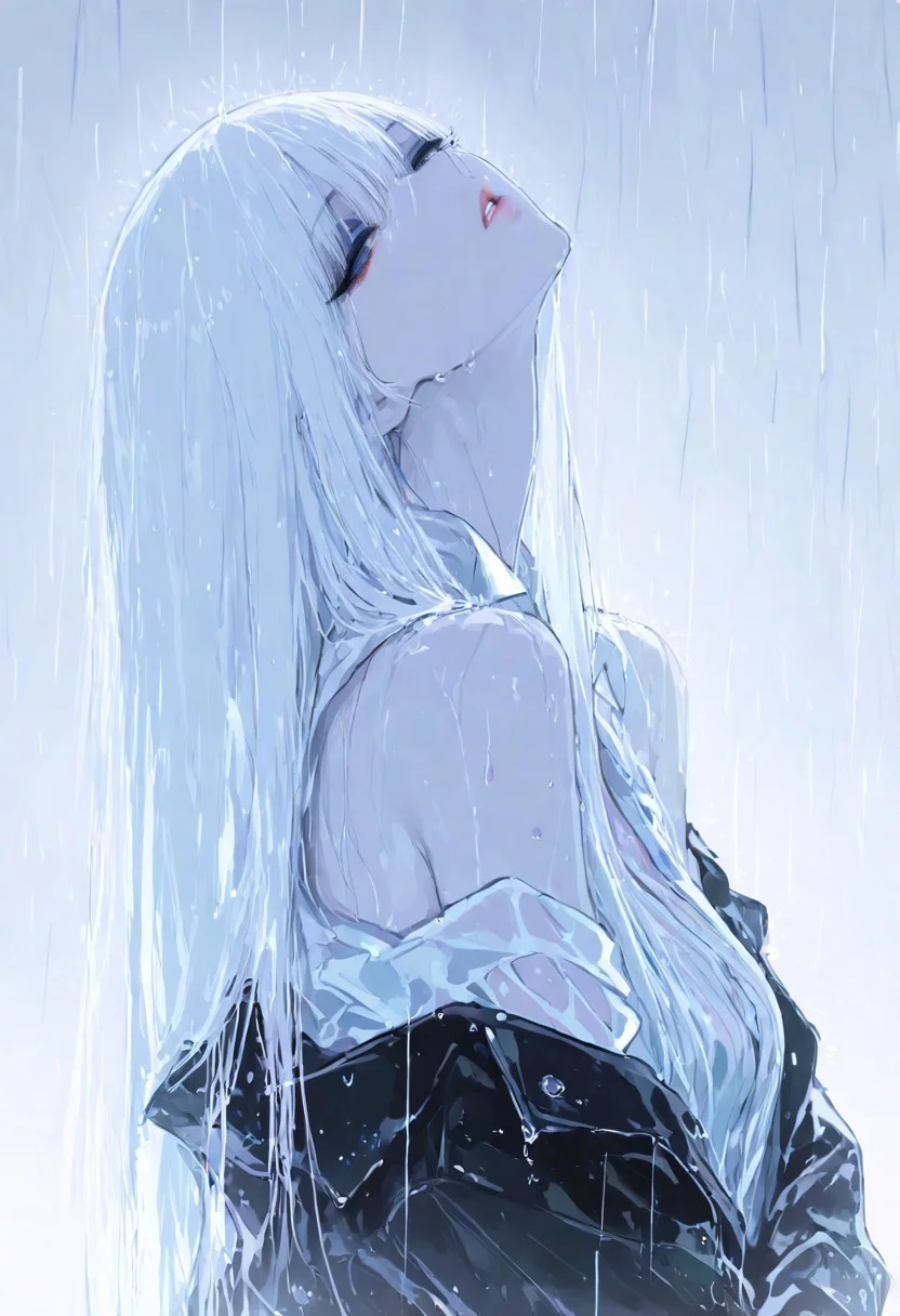 1girl,solo, adult, hug her arms, half closed eyes, parted lips, white hair, straight hair, bare shoulders, stripped shirt, jacket, upper body,
raining, wet, eyeshadow , white theme, head slightly back,tilt head, looking at viewer