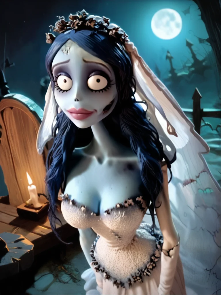score_9, score_8_up, score_7_up, 1girl, sitting on bench, looking at viewer, cowboy shot, detailed background, dynamic pose, dynamic angle, leaning forward, cute pose, graveyard, moon, night, from above,
<lora:EmilyXLP_character:1>, EmilyXLP, colored skin, blue skin, black eyes, long hair, makeup, blue hair, wedding dress, bridal veil, cleavage, narrow waist, cracked skin, monster girl, zombie, screencap, realistic
