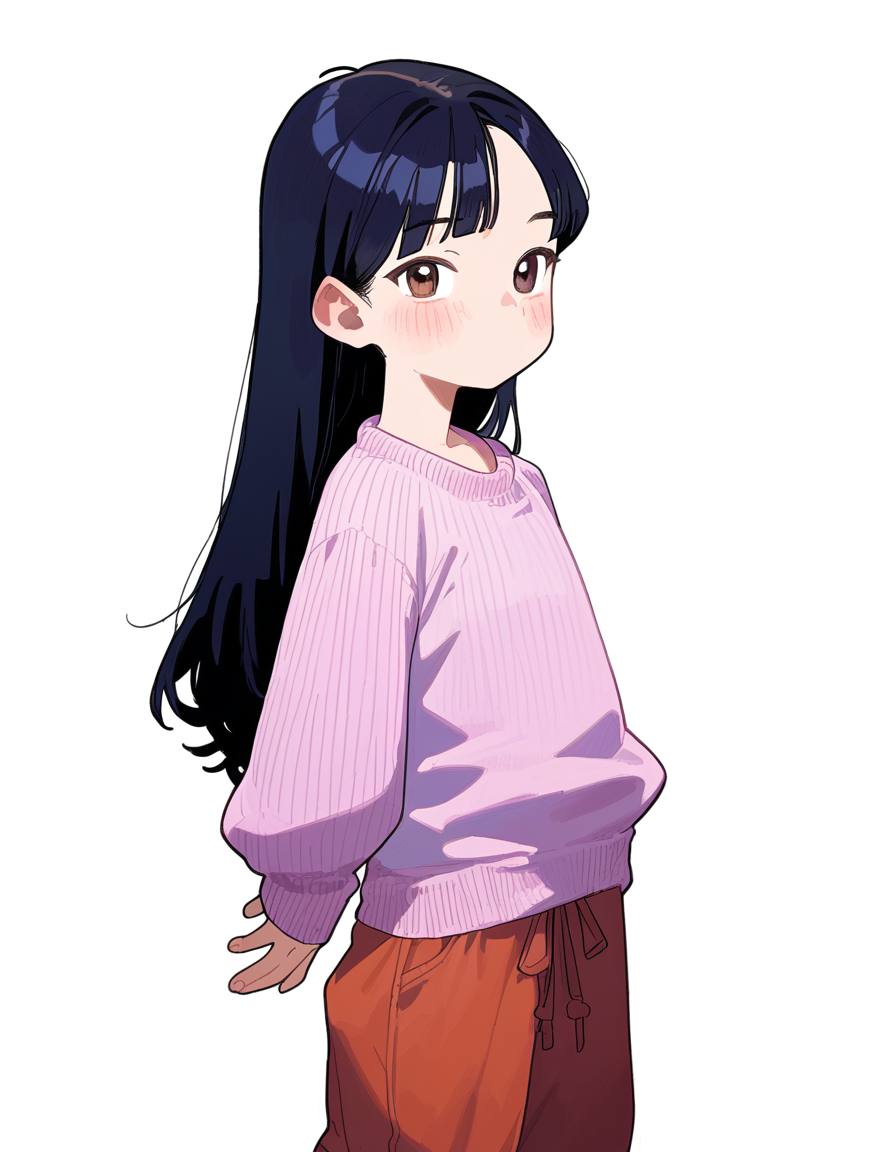 score_9, score_8_up, score_7_up, 1girl, blush, long hair, black hair, looking at viewer, arms at sides, baggy pants, simple background, cowboy shot, closed mouth, long sleeves, sweater, film grain, <lora:possummachinePony:1>