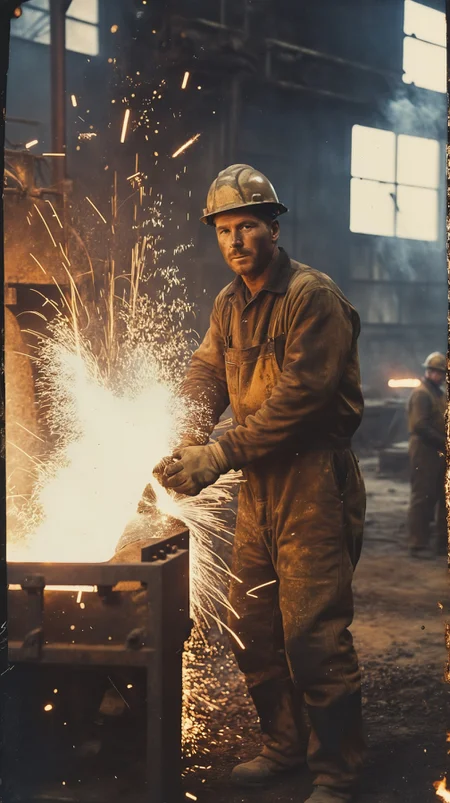 35mm Vintage photo of, portrait of steel worker in ore smelting factory with sparks and liquid metal, <lora:Vintage_Street_Photo:0.85>