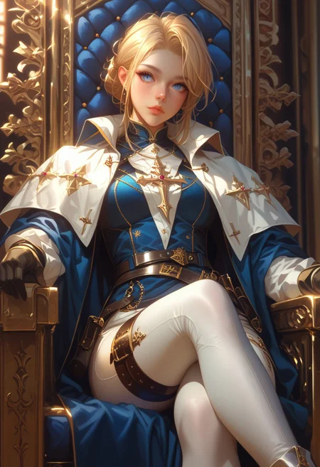 Safe_pos, masterpiece:1.4, absurd res, pretty eyes, intricate iris, intricate eyes, expressive eyes, daylight, soft light, morimee_style, solo, cowboy shot,
pale skin, knight, cape, black gloves, blonde, blue eyes, white leggings, gold trim, boots, heels, belt, sword belt, sitting on throne, crossing legs, 
(score_9, score_8_up, score_7_up),