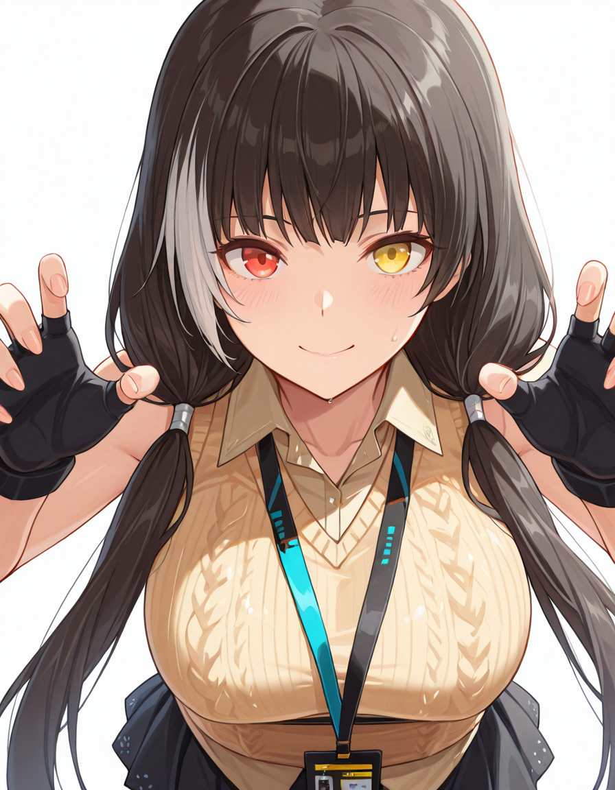 Volumetric Lighting, (masterpiece), (best quality), (ultra-detailed), masterpiece, source_anime, score_9, score_8_up, score_7_up BREAK, illustration, disheveled hair, detailed eyes, perfect composition, moist skin, intricate details, detailed eyes, detailed face, detailed fingers BREAK, ro635, heterochromia, red eye, yellow eye, black hair, low twintails, streaked hair, white hair, large breast BREAK, ROdef, def_collared_shirt, def_sweater_vest, def_lanyard, def_id_card, def_skirt, def_id_card, def_fingerless_gloves, low twintails,BREAK, ((white background)), looking at viewer, standing, shadow, smile