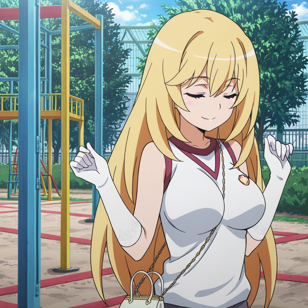 nsfw, masterpiece, best quality, amazing quality,1girl, solo, index_railgun_shokuhou_misaki, tokiwadai school uniform, smile, sleeveless gym uniform, sleeveless shirt, blonde hair, long hair, large breasts, closed eyes, white gloves, between breasts, elbow gloves, strap between breasts, handbag, closed mouth, hands up, outdoor, playground, <lora:Shokuhou_Misaki_-_Index_Railgun:0.7>