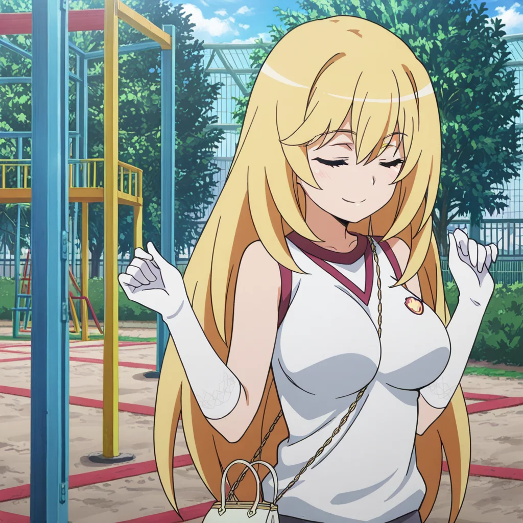 nsfw, masterpiece, best quality, amazing quality,1girl, solo, index_railgun_shokuhou_misaki, tokiwadai school uniform, smile, sleeveless gym uniform, sleeveless shirt, blonde hair, long hair, large breasts, closed eyes, white gloves, between breasts, elbow gloves, strap between breasts, handbag, closed mouth, hands up, outdoor, playground, <lora:Shokuhou_Misaki_-_Index_Railgun:0.7>