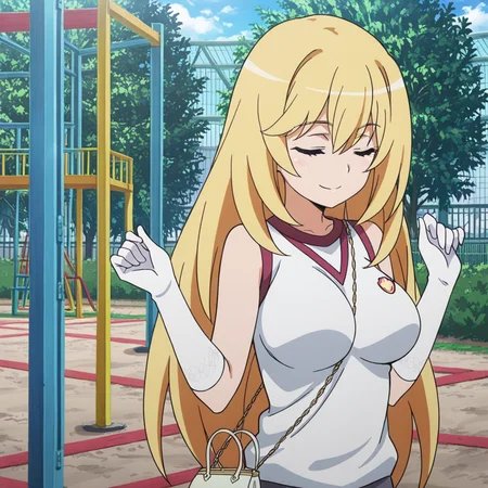 nsfw, masterpiece, best quality, amazing quality,1girl, solo, index_railgun_shokuhou_misaki, tokiwadai school uniform, smile, sleeveless gym uniform, sleeveless shirt, blonde hair, long hair, large breasts, closed eyes, white gloves, between breasts, elbow gloves, strap between breasts, handbag, closed mouth, hands up, outdoor, playground, <lora:Shokuhou_Misaki_-_Index_Railgun:0.7>