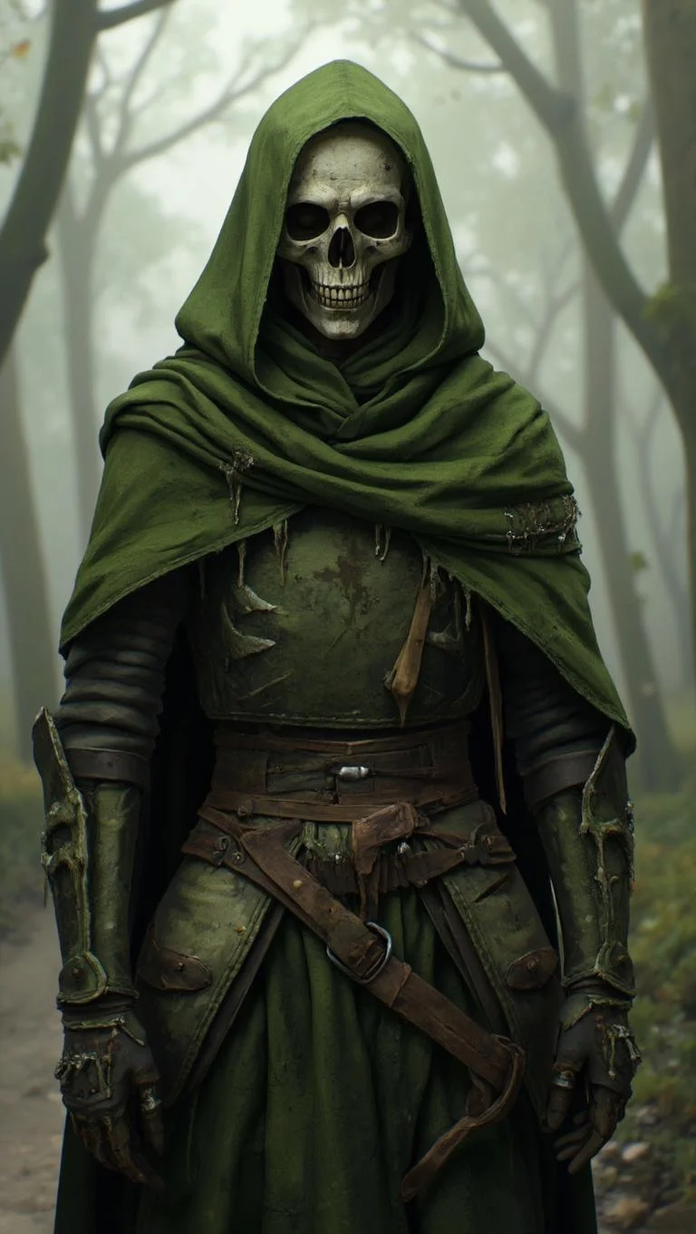 <lora:ck-LttleGhost-000011.safetensors:1> in the style of ck-lttlegh0stA medieval knight skeleton cosplay piece, rendered in stunning detail. The moss-green cloak drapes dramatically over the skeletal body, while the intricate skull and bone textures evoke an eerie realism. Weathered leather belt and gloves contribute to the rustic decay, all set against a soft, misty background with shallow depth of field.