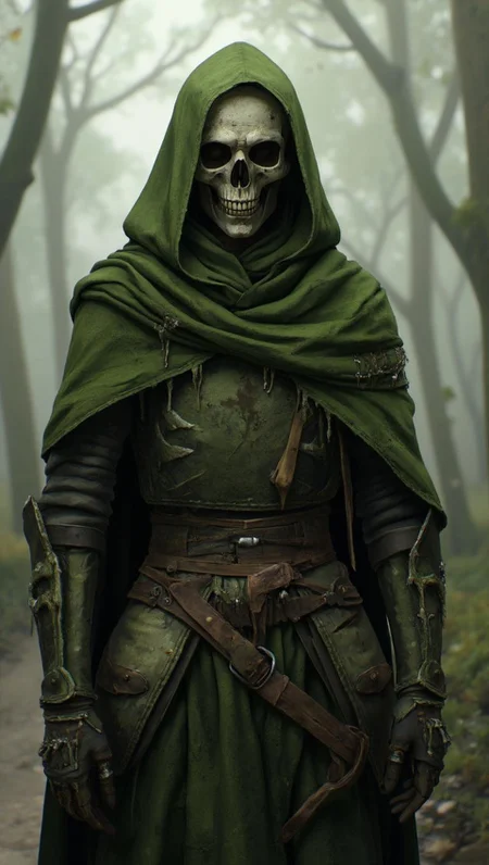 <lora:ck-LttleGhost-000011.safetensors:1> in the style of ck-lttlegh0stA medieval knight skeleton cosplay piece, rendered in stunning detail. The moss-green cloak drapes dramatically over the skeletal body, while the intricate skull and bone textures evoke an eerie realism. Weathered leather belt and gloves contribute to the rustic decay, all set against a soft, misty background with shallow depth of field.