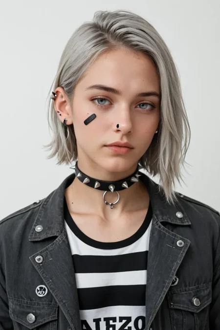 1boy, bandaid, bandaid_on_face, black_choker, black_shirt, choker, closed_mouth, collarbone, earclip, grey_eyes, grey_hair, grey_jacket, hand_on_own_face, jacket, jewelry, lip_piercing, long_sleeves, male_focus, medium_hair, mole, mole_on_cheek, multiple_rings, open_clothes, open_jacket, piercing, ring, shirt, simple_background, solo, spiked_choker, spikes, striped_clothes, striped_shirt, upper_body, white_background