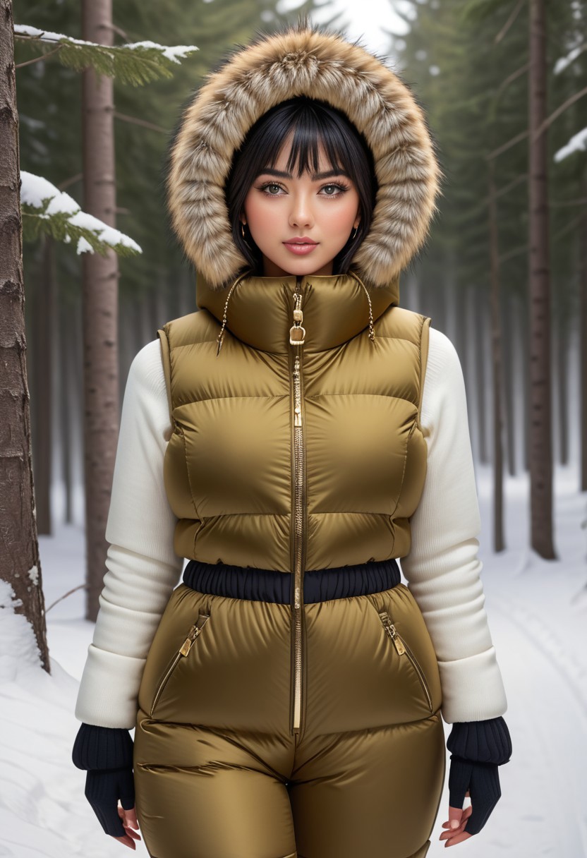 ((((puffer padded jacket)))), ((((puffer padded coat)))), ((((full body)))), ((((fur boots)))), ((((puffer pants)))), ((((puffer hood up)))), winter, snow, forest, 1girl, solo, (masterpiece), detailed face, detailed eyes, (beautiful detailed eyes:1.5), sidelighting, (super detail, hyper detail, intricate_details, detailed), (semi realistic:1.6), (Bob cut), blunt bangs,(black hair), (purple eyes, eyelashs), tanned skin, smug smile, angry face, Golden jewelery, golden rings, golden necklace, golden armlets, golden chains, padded collar, Thick padded collar, <lora:Collar-SDXL:0.6>, <lora:cropped_puffer_vest_v2:0.4>, <lora:snowpants_v1:0.4>