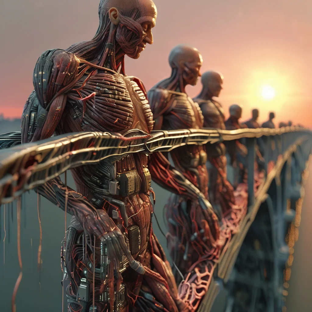 cyberanatomy lovers on the bridge at sunrise, very detailed, photorealistic, dark and expressive, cinematic<lora:cyberanatomy:1>