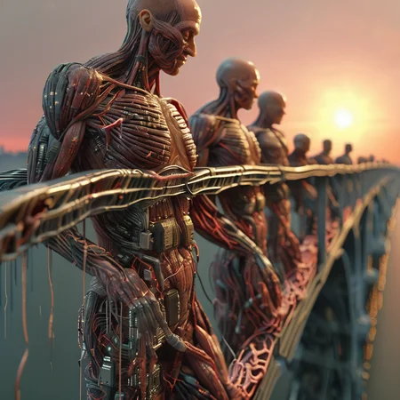 cyberanatomy lovers on the bridge at sunrise, very detailed, photorealistic, dark and expressive, cinematic<lora:cyberanatomy:1>