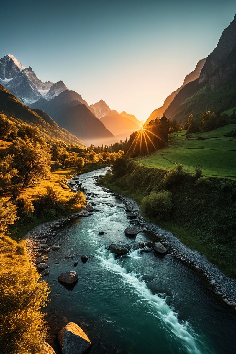 (((a wide, verdant valley surrounded by towering peaks, with a winding river that glows faintly under the stars.))), Golden Hour Glow, Sunset Magic: natural lighting, golden hues, soft focus, warm ambiance, dreamy elements, enchanting textures, radiant look, tranquil atmosphere, glowing aesthetics, capturing nature's beauty, serene emotions, sunset scenes, artistic feel, storytelling through colors, professional technique, gentle light manipulation, romantic concept, natural styling, magical environment, surreal aesthetics, captivating narratives, intricate details, sunset landscape, editorial storytelling, soft glows, evoking warmth, pushing creative vision <lora:add-detail-xl:2> <lora:Cosine_freck:1>