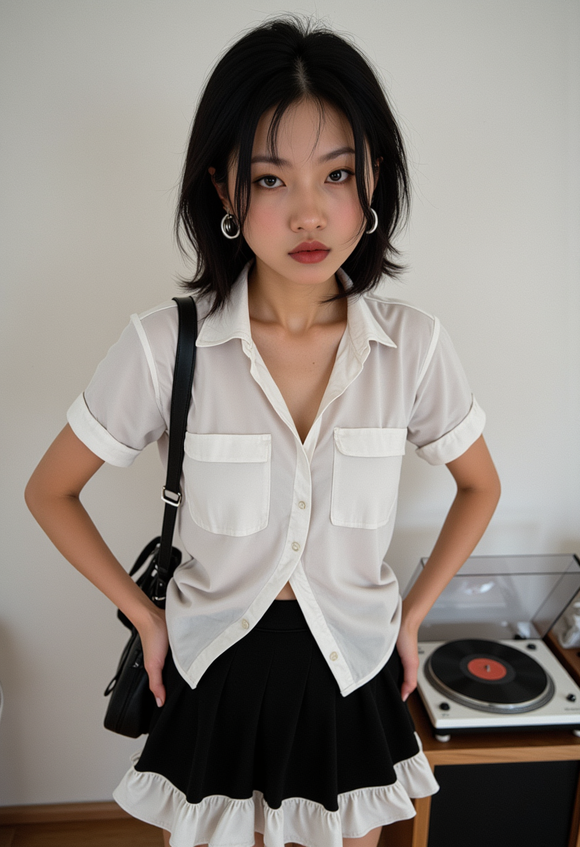 Hyperrealism, she is looking at the camera, (dynamic angles), headshots of a beautiful, stunning unique female character. she has hair. her brown eyes are filled with joy and excitement, extravagant eyelashes,  A photo of Ming_Lee, a young girl, wearing a white frilly skirt and a black skirt. She is standing with her hands on her hips and her head turned to the side. She is wearing headphones and has a purse on her shoulder. The scene is set in a room with a record player in the background. The background is a simple white wall.. making this image a masterpiece of photography and digital art. Style: realistic hyper-detailed rendering, 32k UHD, expressive eyes, punk, graphic design, girl's face, pretty and cute, gleaming lips, white skin, telling a tale of adventure. Exuding confidence and serenity. The background is a simple white wall. The overall mood of the image is happy and relaxed.RAW candid cinema,16mm,color graded portra 400 film,remarkable color,ultra realistic,textured skin,remarkable detailed pupils,realistic dull skin noise,visible skin detail,skin fuzz,dry skin,shot with cinematic camera,detailed skin texture,(blush:0.2),(goosebumps:0.3),subsurface scattering,beautiful photograph in the style of Augustus John,Sergio Toppi,Virginia Frances Sterrett,8k HD,detailed skin texture,ultra realistic,textured skin,analog raw photo,cinematic grain,whimsical,detailed hand,perfect hand.perfect style.